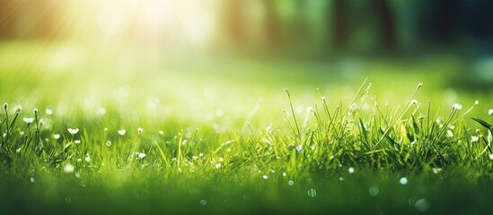 Bright green grass background illuminated by soft sunbeams creating a bokeh effect with blurred forest in background and dew drops on grass blades