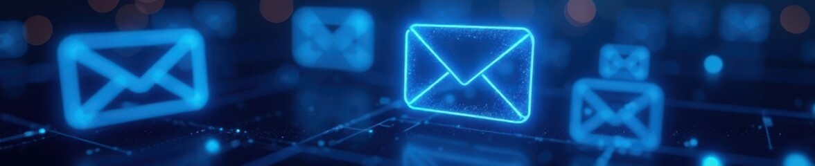 Abstract blue glowing email icons, digital network background, wireframe, node, message