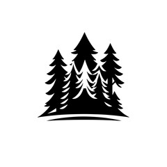 Black & White Evergreen Silhouette: Forest Trees Illustration on white background with a flat, graphic style.