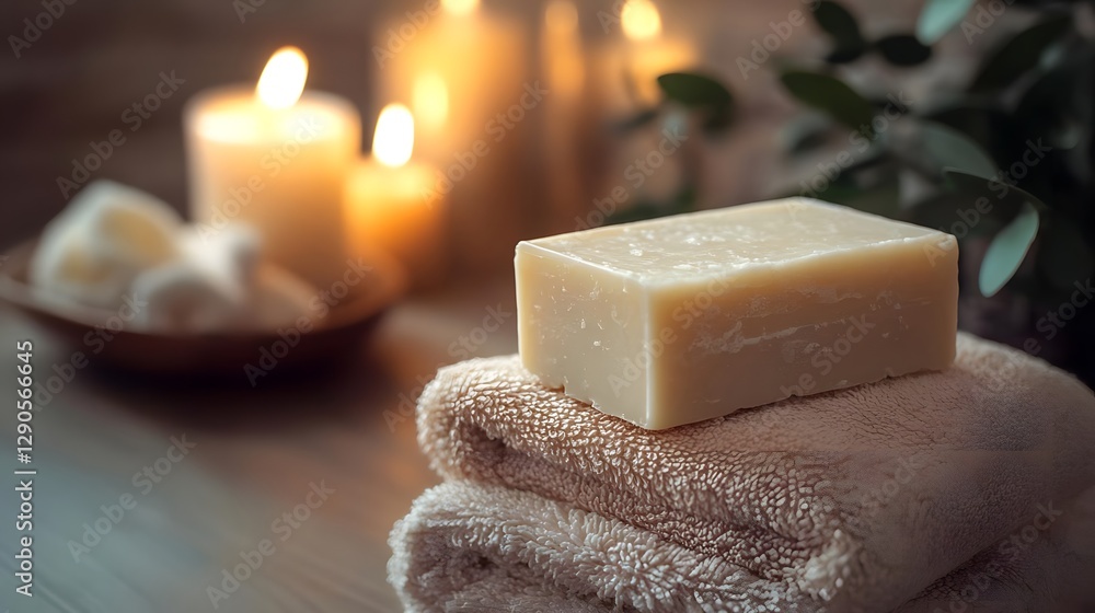 Poster tranquil spa setting featuring a bar of soap on soft towels with lit candles in the background