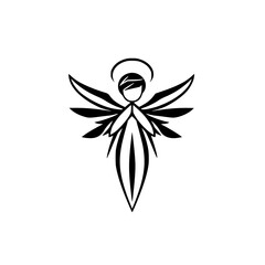 Stylized Angel Illustration: Minimalist black and white artwork of an angel with an halo against a white background. The design is simple and bold.