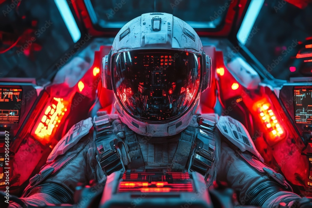 Poster astronaut prepares for mission in futuristic spacecraft illuminated by red lights