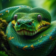 Fototapeta premium A stunning green snake displays intricate patterns while coiled on a branch in a dense jungle. Sunlight filters through leaves, accentuating its vivid colors and tranquil demeanor