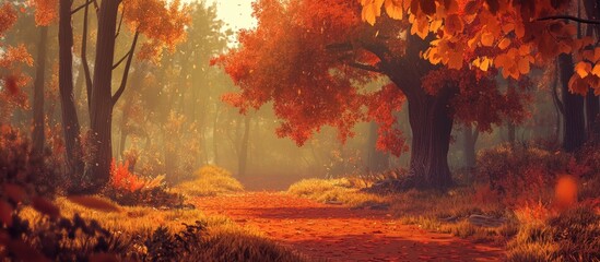 Autumn forest path with vibrant orange and red foliage under soft fog, sunlit background creating a warm, serene atmosphere.
