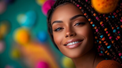Fototapeta premium Woman with long, colorful dreadlocks is smiling at the camera. The colorful beads on her hair and the bright background create a cheerful and vibrant atmosphere
