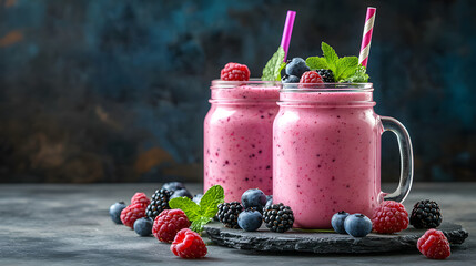 Berry Bliss: Two vibrant berry smoothies in mason jars, garnished with fresh mint, and surrounded by a colorful array of ripe berries, inviting a taste of summer.
