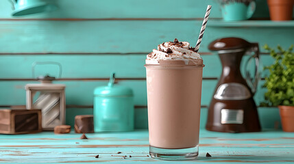 Decadent Chocolate Milkshake: A tempting chocolate milkshake with whipped cream and chocolate chips is presented in a clear glass with a straw.