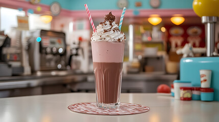 Classic Diner Delight: A decadent milkshake, crowned with whipped cream and a chocolatey treat, sits on a retro-style coaster, inviting indulgence in a timeless diner setting. 