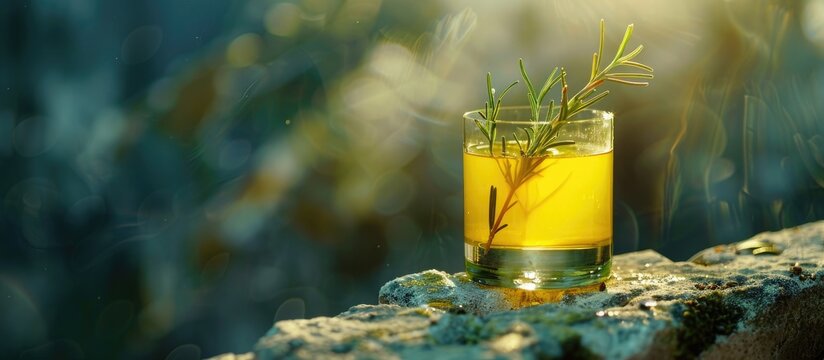 Limoncello glass with rosemary twig placed on a textured snag background featuring warm yellow tones and soft sunlight creating a serene atmosphere