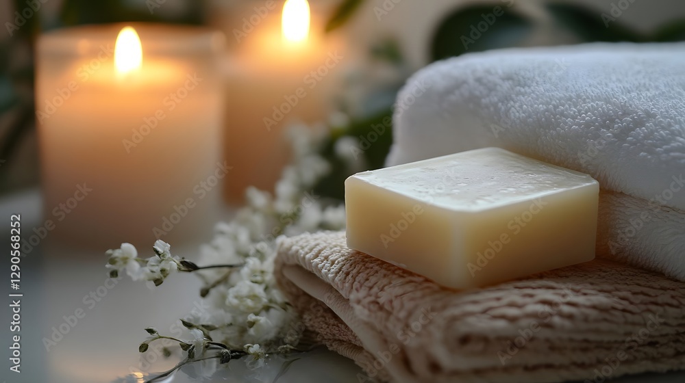 Poster serene spa setting with soft towels, natural soap, and glowing candles creating a calming atmosphere