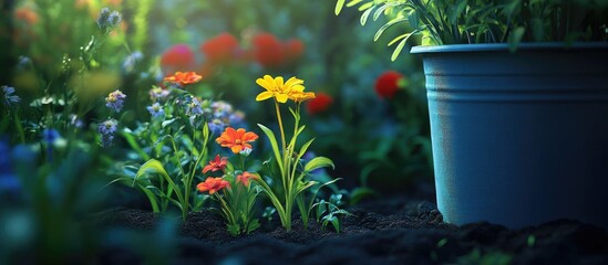 Vibrant garden scene featuring colorful flowers in bloom such as yellow and orange amidst lush greenery with a blue pot on the right side.