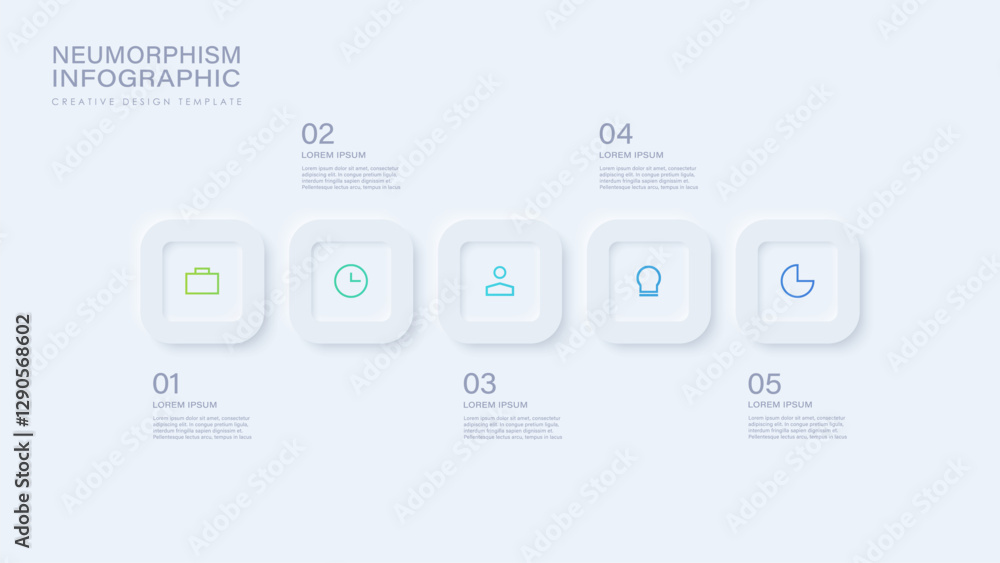 Poster white neumorphism vector infographic template with 5 steps or options with thin icons