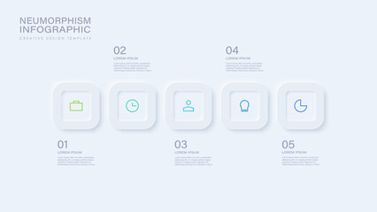 White neumorphism vector infographic template with 5 steps or options with thin icons