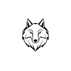 Simple graphic image of a wolf's head, stylized in black and white with a white background, minimalist.
