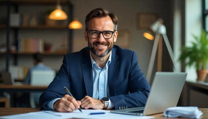 Obraz premium Confident Middle Aged Businessman Working at Desk Smiling Laptop and Documents