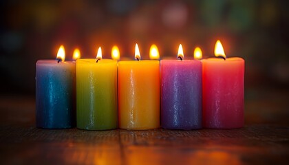 Colorful candles burning on wooden table
