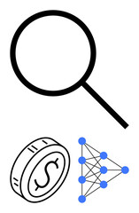 Black magnifying glass, coin with dollar symbol, and blue neural network nodes and connections. Ideal for financial analysis, AI, technology, big data, research, innovation machine learning