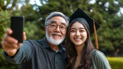 Happy student taking selfie with her father on graduation day at the University.