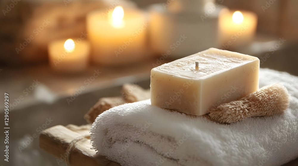 Poster relaxing spa scene featuring a natural soap on a soft towel, surrounded by glowing candles in a sere