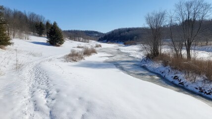 Partially Frozen River in a Snowy Winter Valley