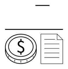 Coin with dollar sign beside document with text lines, symbolizing finance, budget, transaction, savings, contracts, money management. Ideal for reports, business banking economic themes abstract