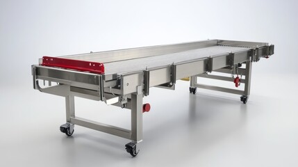Automated conveyor with safety covers and guiding rails against a sleek gray industrial backdrop