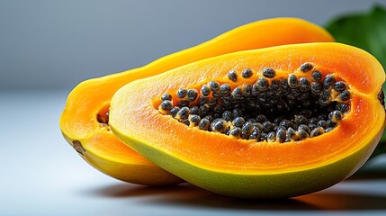Two pieces of orange and green fruit with a hole in the middle. The fruit is ripe and ready to eat