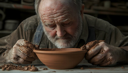 Elderly potter shaping clay bowl in workshop