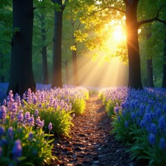 Obraz premium Sunlit bluebell path, dappled light, misty sunrise, bright, peaceful, photography