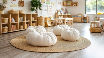 Cozy white pumpkin-shaped seating in a bright preschool classroom
