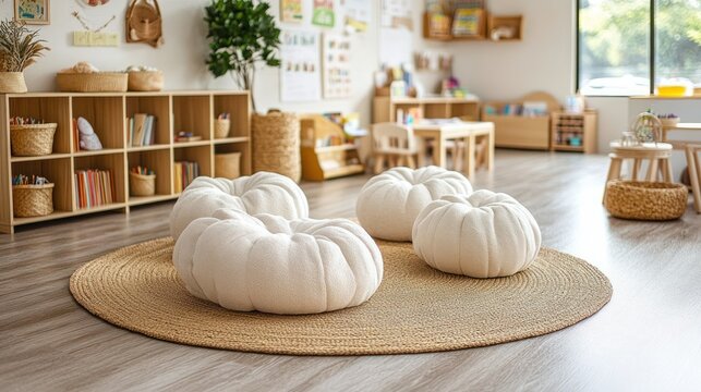 Cozy white pumpkin-shaped seating in a bright preschool classroom