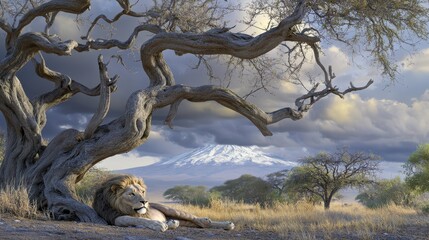 Majestic Lion Resting Under Ancient Tree with Snow-Capped Mountain and Stormy Sky