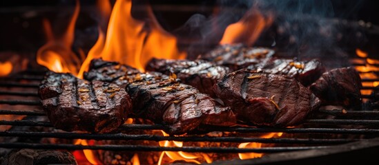 Grilled beef steaks sizzling on a charcoal grill with vibrant orange and yellow flames in dark background, highlighting smoky textures of meat.