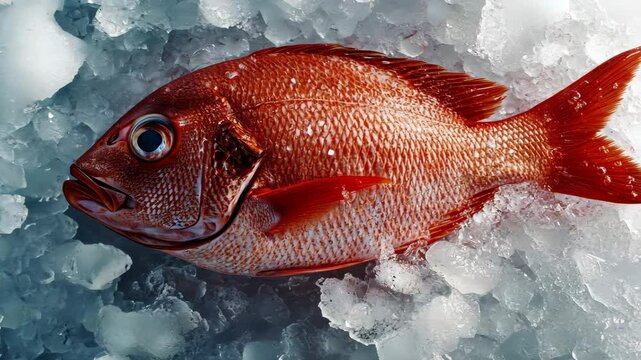 Fresh red snapper or grouper fish lying on crushed ice. Close-up raw seafood photography with vibrant colors, natural scale texture and professional cold-toned lighting