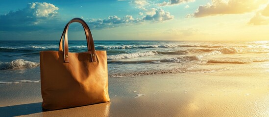 Beach scene with a tan leather bag on golden sand, waves gently lapping at the shore, under a vibrant sunset sky with clouds.
