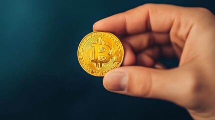 Hand holding a gold coin with the letter B on it. The coin is shiny and looks valuable