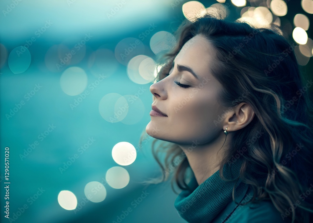 Wall mural Serene Woman Portrait with Bokeh Lights and Teal Tones