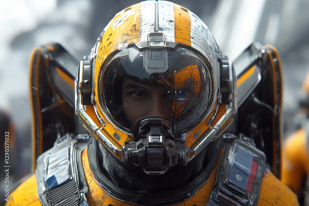 Poster space explorer wearing a futuristic helmet engages in a mission on an alien planet with advanced tec