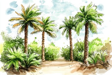 A serene watercolor illustration depicting lush palm trees surrounded by vibrant greenery, symbolizing tranquility and the beauty of nature.