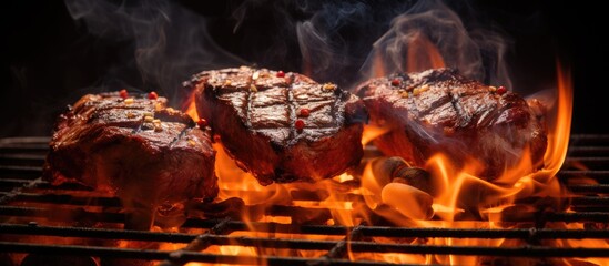 Grilled meat sizzling on a charcoal grill with vibrant flames and smoke, positioned centrally against a dark background to highlight texture and color.