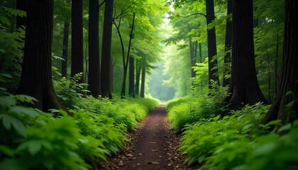 Obraz premium Serene Forest Path Lush Green Canopy Sunlight Dappled Trail Tranquil Nature Scene