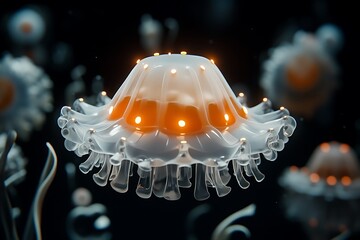 A mesmerizing glowing jellyfish with radiant white dots, an orange translucent body, gracefully floating in the dark blue depths of the ocean.