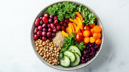 vibrant salad bowl filled with fresh vegetables, fruits, and grains, showcasing variety of colors and textures. This nutritious dish promotes healthy eating and wellness