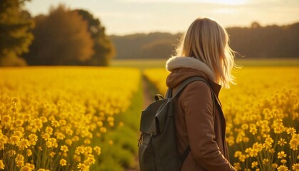 Fototapeta premium Woman with Backpack Walking in Vibrant Yellow Rapeseed Field at Sunset