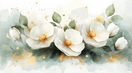 A watercolor illustration of white flowers with green leaves and golden accents.