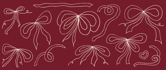 Bow coquette set on hand drawn style. Bow for gift vintage. Coquette trendy design. Vector illustration