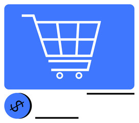 Blue shopping cart icon paired with a dollar symbol, representing purchasing, ecommerce, digital marketplaces, payment methods, and transaction flow. Ideal for retail, economy, fintech shopping