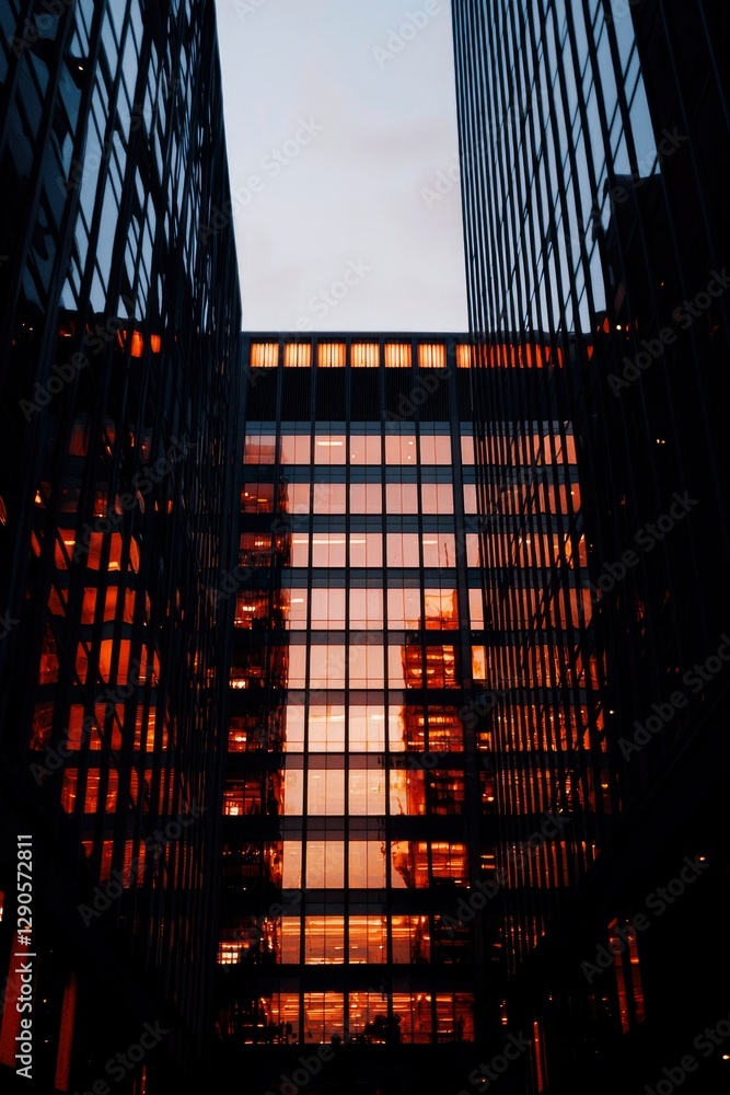 Poster modern architecture urban view with sunset reflection on building facade