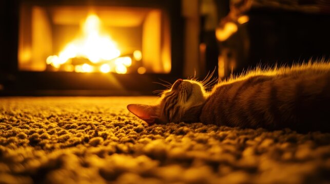 Cozy Cat Relaxing by Fireplace on Warm Textured Rug in Serene Evening Ambiance
