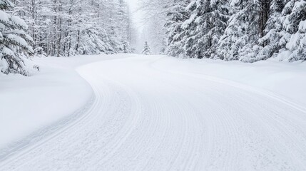Obraz premium Snowy cross-country ski trail winding through winter forest